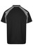 A black polo shirt with grey accents, featuring a logo on the back and short sleeves.