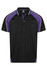 A black polo shirt featuring purple accents and white piping, with a collar and a logo on the chest.