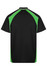 A polo shirt featuring a black body with vibrant green accents, showcasing a logo on the back.