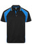A black polo shirt with blue and white accents, featuring a collar and buttons, and a logo on the front.