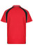 A red men's polo shirt featuring black accents and a logo on the back.