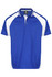 A blue polo shirt with white accents and a logo on the chest, featuring a classic collar and button placket.
