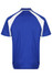 A blue polo shirt featuring white accents, designed with a classic collar and short sleeves. It has a logo on the front.
