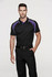 A model wearing a black polo shirt with purple detailing, paired with black trousers. The shirt features a logo.