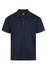A navy blue polo shirt featuring a three-button placket and a logo on the chest.