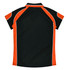 A black polo shirt with orange detailing and reflective accents, featuring a logo on the upper back.