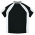 A black and white kids' polo shirt featuring a sporty design and a logo on the front.