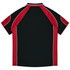 A black and maroon polo shirt featuring contrast piping and a sleek design on the back. It has a logo.