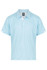 A light blue polo shirt with a collar and short sleeves, featuring white accents and a logo.