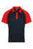 A navy and red polo shirt featuring a collar and short sleeves, with a logo on the upper neck area.