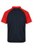 A short-sleeved polo shirt featuring a red and navy colour scheme with a curved hem and a logo.