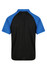 A black polo shirt with blue sleeves and a logo at the back. Suitable for casual or active wear.