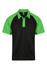 A black polo shirt with green sleeves and a collar. It features a logo on the upper inner side.