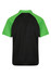 A polo shirt featuring a black body and vibrant green sleeves, with a logo on the back.