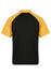 A polo shirt featuring a black body with yellow sleeves and a logo.