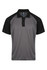 A grey and black polo shirt featuring a branded label, designed for men's casual wear.