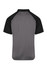 A grey polo shirt with black sleeves and a logo on the back. Suitable for casual or sportswear.
