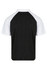 A polo shirt featuring a black body with white sleeves, displaying a logo on the back.