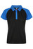 A black and blue polo shirt with a collared neckline and short sleeves, featuring a logo on the chest.