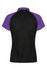 A polo shirt featuring a black body and purple sleeves, with a logo on the design.