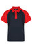 A short-sleeved polo shirt featuring a navy body with red sleeves and a collar, including a logo.