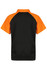 A black and orange polo shirt with a short-sleeved design and a collar. Features a logo on the fabric.