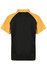 A black and yellow polo shirt with short sleeves and a collar, featuring contrasting shoulder panels and a logo.
