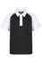 A black and white polo shirt with a collared neckline and short sleeves. Features a logo on the label.