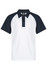 A white polo shirt with navy blue sleeves and a buttoned collar, featuring a branding logo.