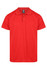 A red polo shirt featuring a collar and three buttons, with a logo on the tag.