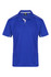 A blue polo shirt with white accents and a collar, featuring a logo on the upper left side.