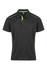 A black men's polo shirt with green accents and a logo, featuring a classic collar and short sleeves.