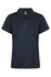 A navy blue women's polo shirt with a collar and three buttons, featuring a logo.