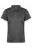 A grey women's polo shirt featuring a classic collar and buttons, complete with a logo.