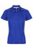 A blue women's polo shirt featuring a collar, short sleeves, and contrasting piping, with a logo on the chest.