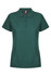 A green polo shirt with a collar and short sleeves, featuring a button-up front and a branding logo.