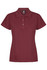 A maroon polo shirt for women with a collared neckline and button placket. Features a branding logo.