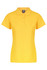 A yellow polo shirt featuring a collar, short sleeves, and a buttoned placket, with a branding logo.