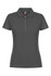A dark grey women's polo shirt featuring a collared neck and button placket, with a logo on the inside.