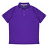 A purple polo shirt with a classic collar, featuring stripes on the sleeves and a logo.