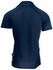 A navy polo shirt with a fitted design featuring side stripes and a logo on the back.
