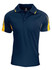 A navy blue polo shirt with yellow accents and a logo on the chest.