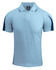Light blue polo shirt with navy blue accents and a logo on the chest. Short sleeves and a collar design.