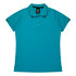 A teal polo shirt with a collar, short sleeves, and contrasting details. It features a logo on the collar.