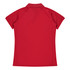 A red polo shirt with a short sleeve design and a collared neckline, featuring a logo on the back.