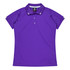 A purple polo shirt with a collar and button detailing, featuring a logo on the upper back.