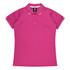 A pink polo shirt with short sleeves and a polo collar, featuring a logo on the collar.
