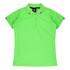 A bright green polo shirt with a collar, featuring a logo and contrasting black stripes on the sleeves.