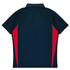 A polo shirt featuring a navy blue body with red side panels and a collar. It has a logo on the front.