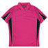 A pink polo shirt with black accents and a logo. Designed for kids, featuring a classic collar and button placket.